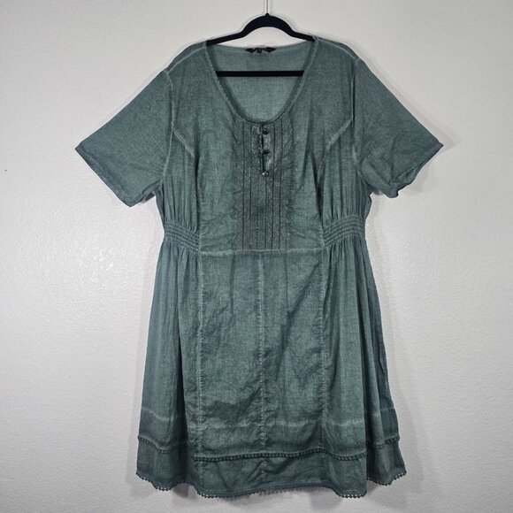 Ulla Popken Shift Dress Women Plus Size 24-26 Green Pom Pom Short Sleeve Boho - Picture 1 of 13